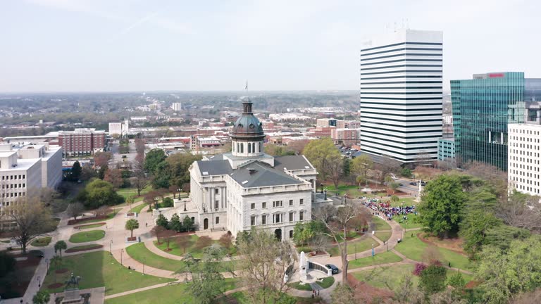 Aerial establishing shot of the South Carolina State House in Columbia