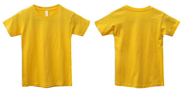 Yellow kids t-shirt mock up, front and back view, isolated. Plain light blue shirt mockup. Tshirt design template. Blank tee for print