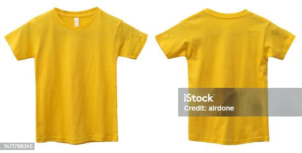 Yellow Kids Tshirt Mock Up Front And Back View Isolated Plain Light Blue Shirt Mockup Tshirt Design Template Stock Photo - Download Image Now
