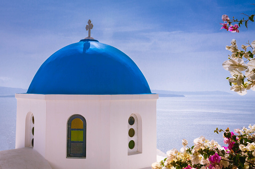 A blue domed church in Oîa Santorini with flowers in the foreground