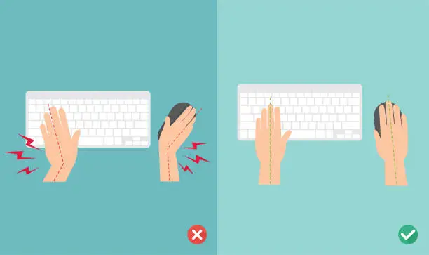Vector illustration of wrong and right ways for hand position in use keyboard and mouse illustration, vector