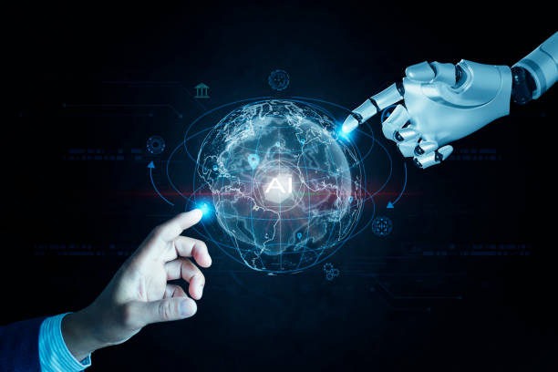 Technology people concept man use AI to help work, Learning Artificial Intelligence, Business modern technology, human hand-touching global networks and data exchanges with AI el hombre concepto de la gente de la tecnología usa la ia para ayudar a trabajar, el aprendizaje de la inteligencia artificial, la tecnología moderna empresarial, las redes globales que tocan las manos humanas y los intercambios de datos con ia