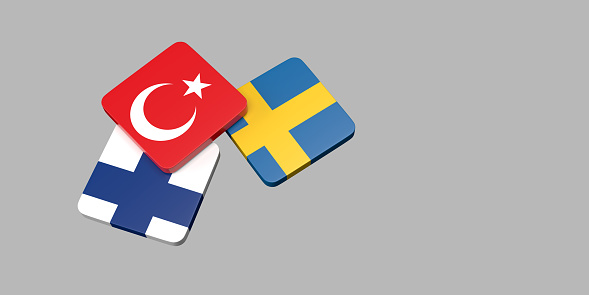 Turkey is blocking NATO’s expansion concept: National flags of Türkiye, Sweden and Finland in square shape symbol on blank background with copy space. Discussion about the commitments of the Nordic countries for their bid to join NATO. horizontal illustration in 3D.