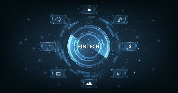 Concept of Financial technology,banking and money transaction.Icon Fintech and things on dark blue technology background.