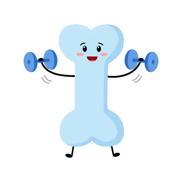 Vector illustration of Cute healthy bone cartoon character with dumbbells in flat design on white background.