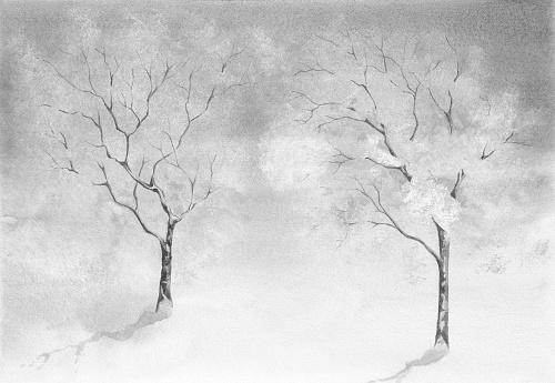 Black and white Art Nature winter landscape with two snowy trees. Artistic Watercolor painting banner template on textured paper.
