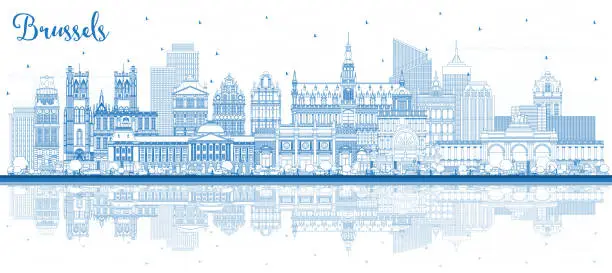 Vector illustration of Outline Brussels Belgium City Skyline with Blue Buildings and Reflections. Brussels Cityscape with Landmarks.