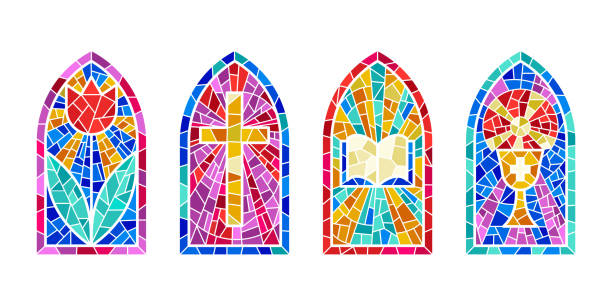 Church glass windows. Stained mosaic catholic frames with cross, book and religious symbols. Vector set isolated on white background Church glass windows. Stained mosaic catholic frames with cross, book and religious symbols. Vector set isolated on white background. stained glass stock illustrations