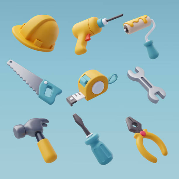 ilustraciones, imágenes clip art, dibujos animados e iconos de stock de vector 3d del conjunto de iconos de herramientas de construcción, equipos industriales y de trabajadores. - repair shop illustrations