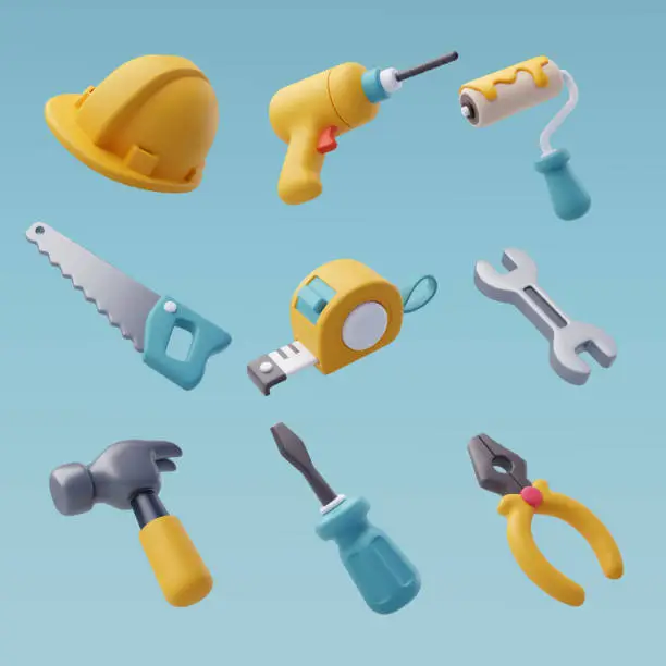 Vector illustration of 3d Vector of Construction tools icon set, industrial and worker equipment.