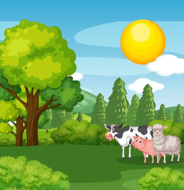 Vector illustration of Farm animals in Grass Field and Blue Sky Scene