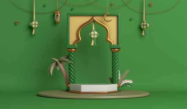 istock Islamic display podium decoration background with mosque window, ketupat, lantern, crescent, cartoon style, ramadan kareem, mawlid, iftar, isra  miraj, eid al fitr adha, muharram, 3D illustration. 1471813022