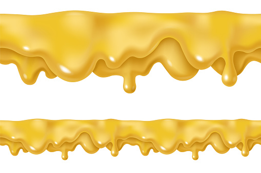 Dripping melted cheese drops or mustard sauce design. Vector 3d style liquid paint stain illustration. Realistic horizontal seamless border isolated.