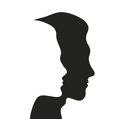 Faces of man and woman, girl and guy. Two profiles together. Relationship, family symbol. Vector psychology illustration of family therapy