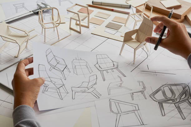 istock Designer sketching drawing design development product plan draft chair armchair Wingback Interior furniture prototype manufacturing production. designer studio concept . 1471817706