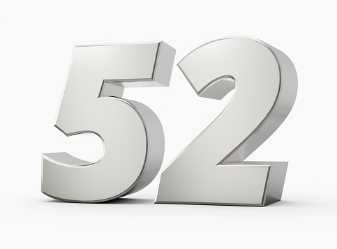 Silver 3d numbers 52 Fifty two. Isolated white background 3d illustration