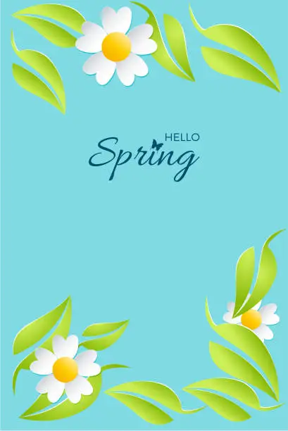 Vector illustration of Spring design background. Card for spring season with frame and leaves and flower. Vector vertical illustration for cover or poster