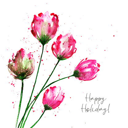 Watercolor flowing tulips drawn in a sketch style with paint splatters decorated as a greeting card for any occasion