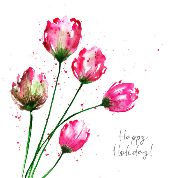 Greeting card with tulips in sketch style Watercolor flowing tulips drawn in a sketch style with paint splatters decorated as a greeting card for any occasion bouquet backgrounds spring tulip stock illustrations