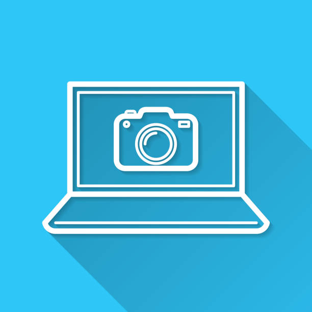 ilustrações de stock, clip art, desenhos animados e ícones de laptop with camera. icon on blue background - flat design with long shadow - conference call flash