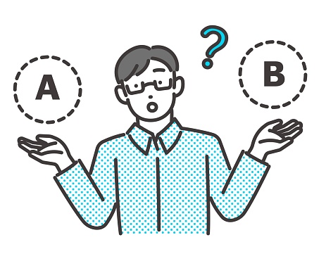 Vector illustration material of a person who is worried about either A or B / Balance / ?