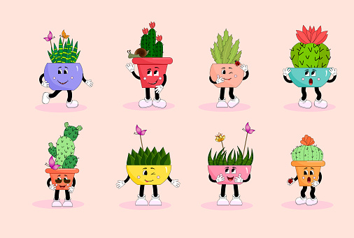 Funny cacti in flower pots. Cartoon style. Vector mascots on an isolated background. For stickers, covers and brochures, advertising flyers, invitations and postcards.