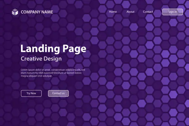 Vector illustration of Landing page Template - Hexagonal mosaic with Purple gradient - Abstract geometric background