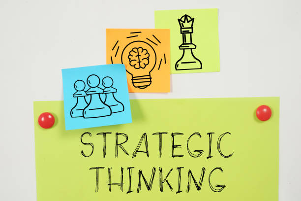 istock Strategic thinking is shown using the text and pictures of chess and lightbulb with brain 1471824391