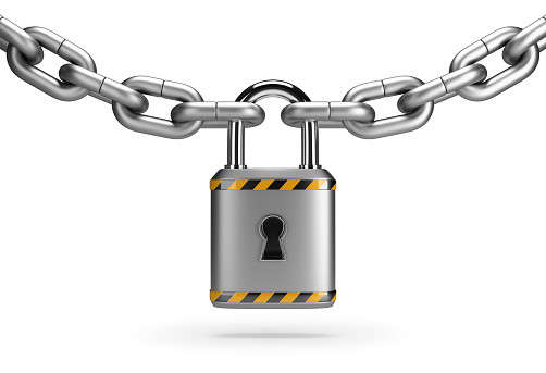 Chain links and lock. 3d generated image. Isolated white background.