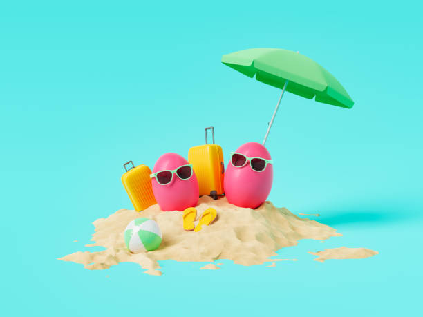 istock Pink eggs with suitcases and beach accessories against blue background 1471828197