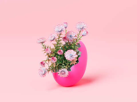 3D rendering of bright colored eggshell with bunch of fresh flowers placed against pink background during Easter holiday