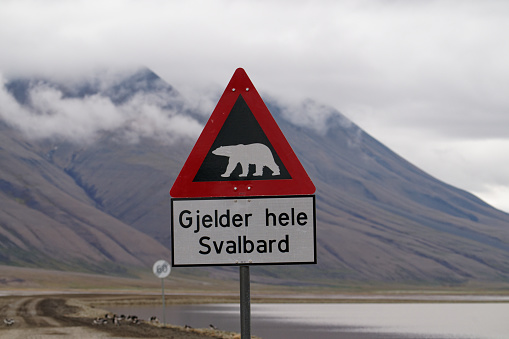 a Polar Bear warning sign on the edge of the town Longyearbyen