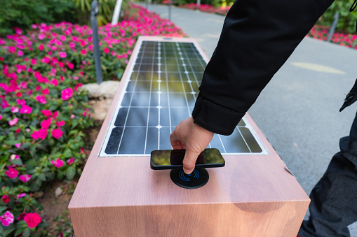 This is a smart seat powered by solar panels, with wireless charging, wired charging