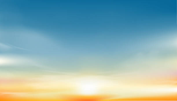 日没の空の背景、黄色と青の空と日の出、自然の風景ロマンチックなゴールデンアワーと夕暮れの空、四季のベクター画像地平線バナーの日光のコンセプト - romantic sky点のイラスト素材／クリップアート素材／マンガ素材／アイコン素材