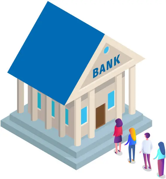 Vector illustration of Bank building with characters in queue. Business people, client investors standing in line for money