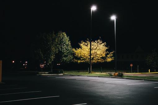 Empty parking lot lit by street lights.