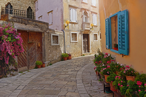 Streets of Porec with calm, colorful building facades in  Croatia, Istria. Traveling concept background