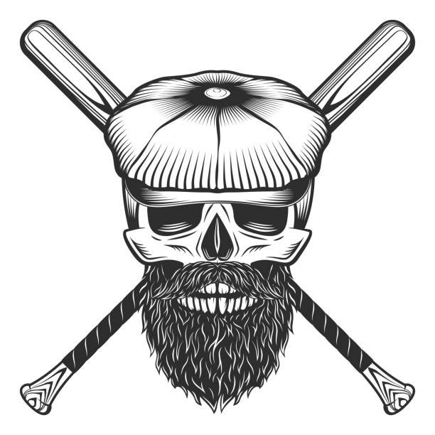 illustrations, cliparts, dessins animés et icônes de crâne en casquette plate avec barbe et moustache avec emblème de club de batte de baseball modèle d’éléments de conception dans un style monochrome vintage illustration vectorielle isolée - men baseball baseball cap baseball bat