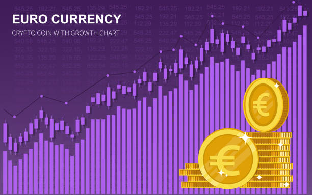euro coin currency euro coin with growth chart candle stick graph chart of stock market cryptocurrency trading. background of a euro coins stock illustrations