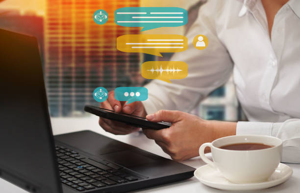 istock Chat bot service and future marketing concept Customer using online service with chat bot on smartphone, virtual assistant. 1471835272