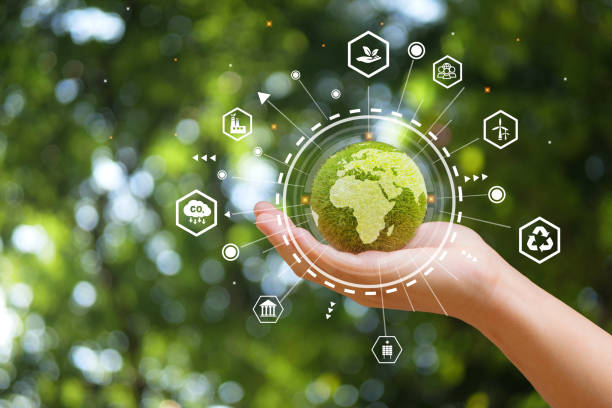 hand of human holding green earth with the icon of environment for esg, co2,  and net zero.world sustainable environment concept. - human hand water environment nature imagens e fotografias de stock