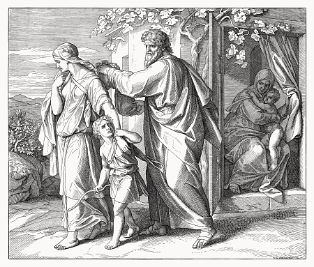 The Expulsion of Hagar and Ishmael (Genesis 21, 14). Wood engraving by Julius Schnorr von Carolsfeld (German painter, 1794 - 1872), published in 1860.