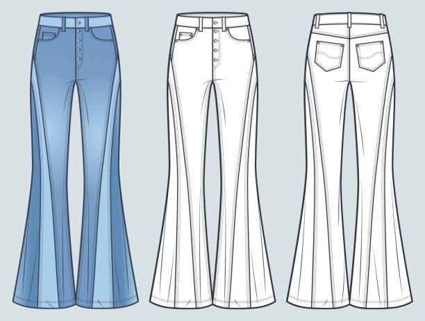 ilustrações de stock, clip art, desenhos animados e ícones de flared jeans pants technical fashion illustration, blue design. denim pants fashion flat technical drawing template, medium waist, flared fit, full length, front and back view, white, women, men, unisex cad mockup set. - leather patch denim jeans