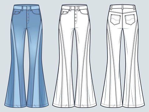 Flared Jeans Pants technical fashion illustration, blue design. Denim Pants fashion flat technical drawing template, medium waist, flared fit, full length, front and back view, white, women, men, unisex CAD mockup set.
