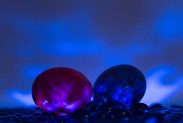 Easter eggs on black stones with colorful background. Neon lights effect. Front view. Minimal concept.