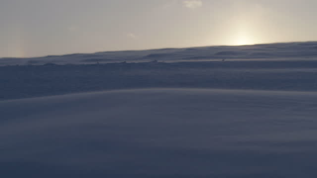 Snow blowing across a frozen landscape