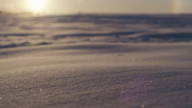 Close up of snow blowing across a frozen landscape