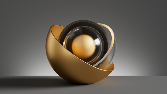 3d render, abstract minimal background with gold core ball hidden inside golden hemisphere shell. Modern wallpaper