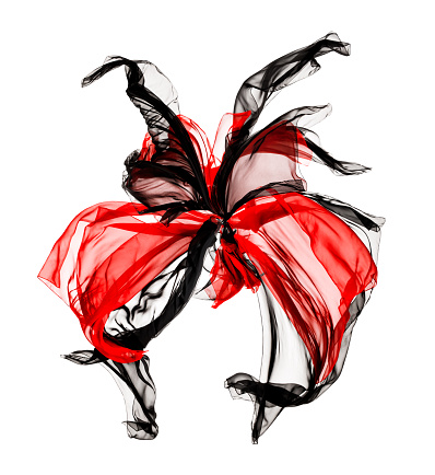 Abstract Chiffon Fabric Design. Black and Red Silk Cloth as Butterfly Wings flying over isolated white background