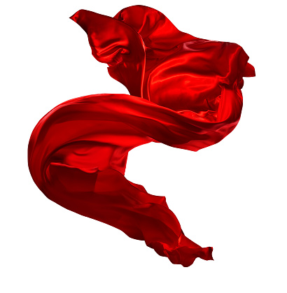 Red Silk Cloth flying in Air. Satin Fabric floating on wind over White isolated Background. Abstract Textile Object